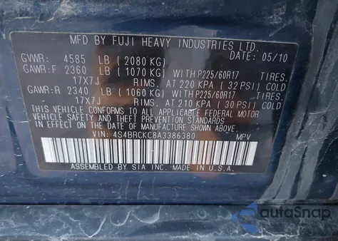 2010 Subaru Outback 2.5I Limited from USA, damaged, VIN 4S4BRCKC8A3386380